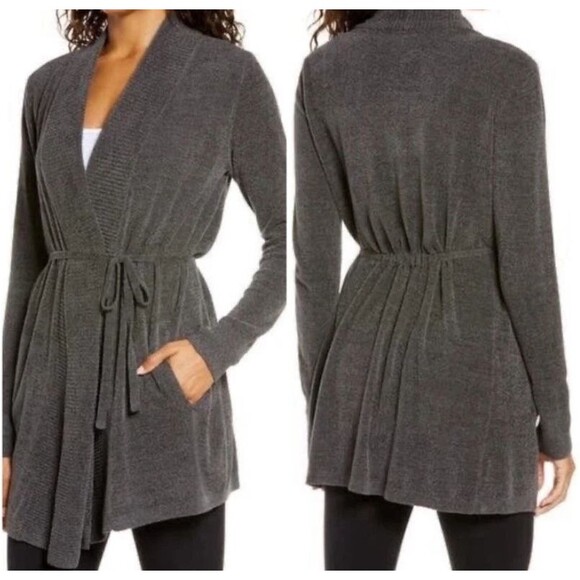 Barefoot Dreams CozyChic Ultra Lite Cardigan S Dark Gray Tie Belt Pockets Luxury - Picture 1 of 10